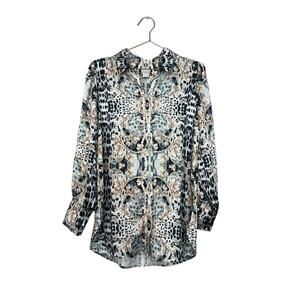 Chico's Feminine Elevated Status Tunic in Iced blue chains and floral detail 0 S